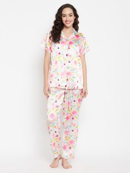 Clovia - Satin Floral Shirt & Pyjama White (Set of 2)