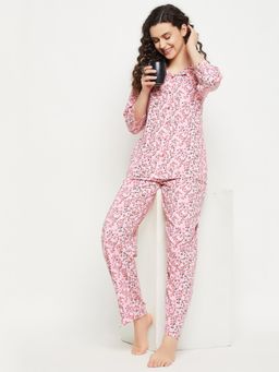 Clovia - Cotton Floral Shirt & Pyjama Pink (Set of 2)