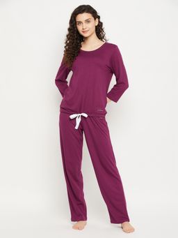 Clovia - Modal Solid Top & Pyjama Purple (Set of 2)