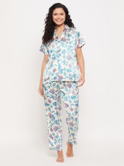 Clovia - Satin Floral Shirt & Pyjama White (Set of 2)