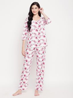 Clovia - Cotton Floral White and Pink Top & Pyjama Multi-Color (Set of 2)