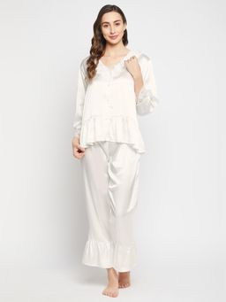 Clovia - Satin Solid Top & Pyjama White (Set of 2)