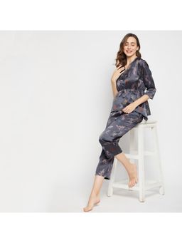 Clovia - Satin Floral Top & Pyjama Grey (Set of 2)