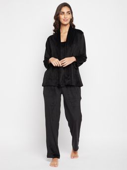 Clovia - Velour Solid Cami Top with Shrug & Pyjama Black (Set of 3)