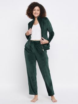 Clovia - Velour Solid Top & Pyjama Green (Set of 2)