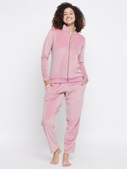Clovia - Velour Solid Top & Pyjama Pink (Set of 2)