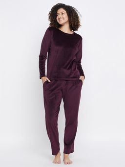 Clovia - Velour Solid Top & Pyjama Maroon (Set of 2)