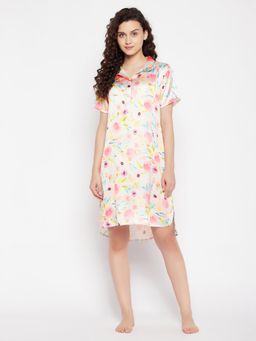 Clovia - Satin Floral Short Night Dress White