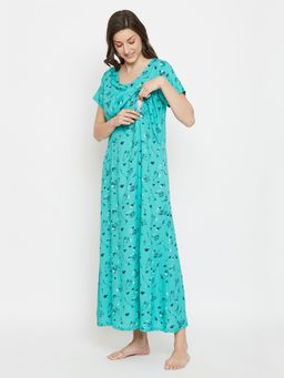 Clovia - Rayon Floral Feeding Long Nightdress Turquoise