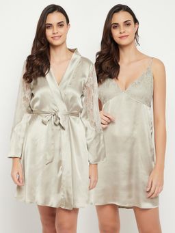 Clovia - Satin Solid Babydoll Dress & Robe Grey (Set of 2)