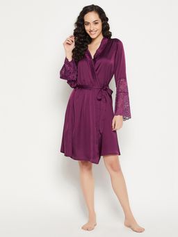 Clovia - Satin Solid Robe Purple