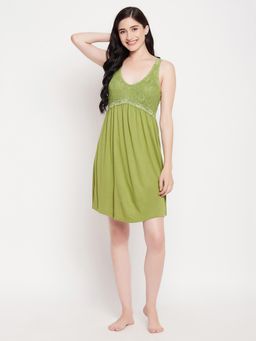 Clovia - Cotton Solid Short Night Dress Green