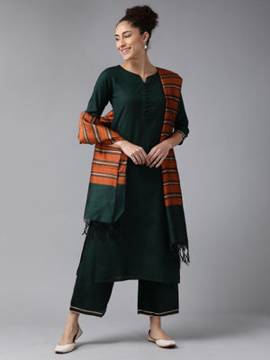 Indo Era Green Solid Straight Kurta Salwar set