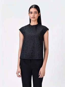 Genes Lecoanet Hemant - Women's Cotton Round Neck Embellished Solid Half Sleeves Top