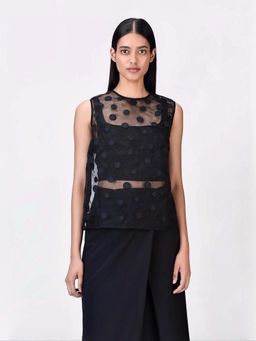 Genes Lecoanet Hemant - Women's Organza Round Neck Solid Embroidered Sleeveless Top