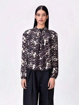 Genes Lecoanet Hemant - Women's Viscose Tie Up Neck Printed Puff Sleeves Styled Top