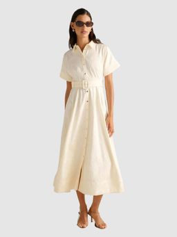 Forever New - Cream Embroidered Collar Neck Dress With Belt