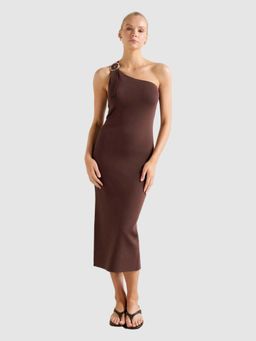 Forever New - Brown Solid/Plain One Shoulder Dress