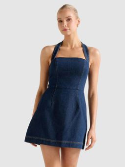 Forever New - Blue Solid/Plain Halter Neck Dress