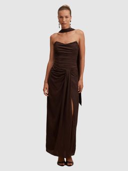 Forever New - Brown Solid/Plain Strapless/Tube Dress & Scarf