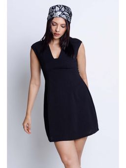 COLOR CAPITAL - Black Solid/Plain V-Neck Dress