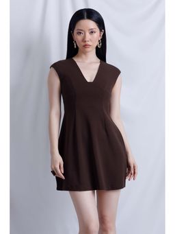 COLOR CAPITAL - Brown Solid/Plain V-Neck Dress