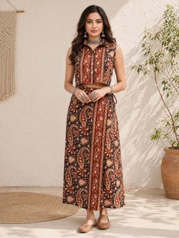 WineRed - Navy Blue Paisley Collar Neck Co-Ord Set