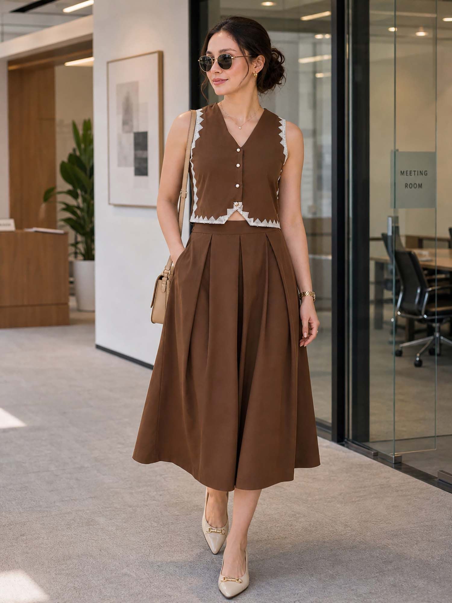 winered Brown Solid/Plain V-Neck Co-Ord Set-picture-13