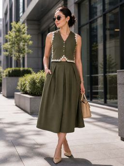 WineRed - Olive Solid/Plain V-Neck Co-Ord Set