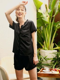 STREET 9 - Black Solid/Plain V-Neck Co-Ord Set