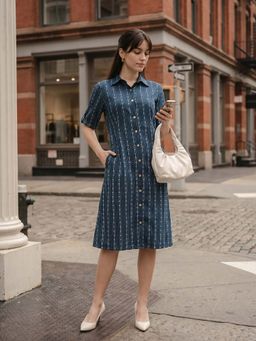 ZUMMER - Blue Embroidered Collar Neck Dress