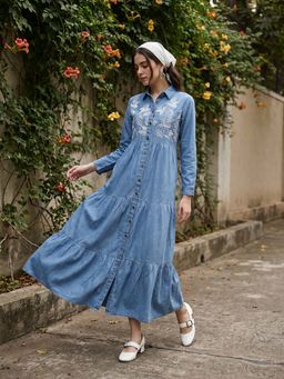 ZUMMER - Blue Embroidered Collar Neck Dress