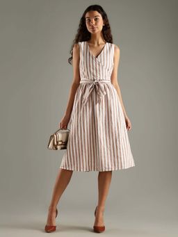 Tommy Hilfiger - Beige Stripes V-Neck Dress