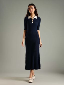 Tommy Hilfiger - Navy Blue Textured Collar Neck Dress