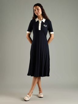 Tommy Hilfiger - Navy Blue Textured Collar Neck Dress