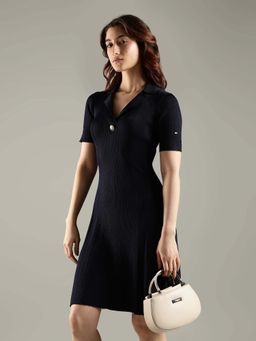 Tommy Hilfiger - Navy Blue Solid/Plain Notched Lapel Dress