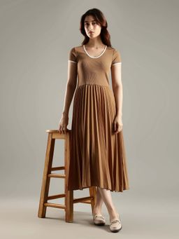 Tommy Hilfiger - Brown Solid/Plain Round Neck Dress