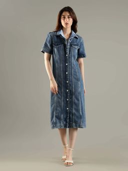 Tommy Hilfiger - Blue Solid/Plain Collar Neck Dress