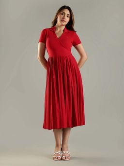 Tommy Hilfiger - Red Solid/Plain Collar Neck Dress