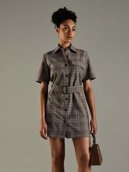 Tommy Hilfiger - Brown Checks Collar Neck Dress With Belt