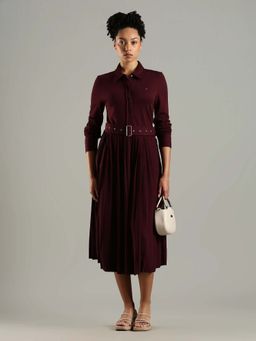 Tommy Hilfiger - Maroon Solid/Plain Collar Neck Dress With Belt