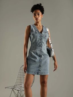 Tommy Hilfiger - Blue Solid/Plain V-Neck Dress