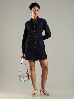 Tommy Hilfiger - Navy Blue Solid/Plain Collar Neck Dress With Belt