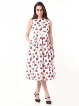 Gazillion - White Floral Boat Neck Dress With Belt