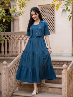 ZUMMER - Teal Solid/Plain Shoulder Straps Dress & Jacket