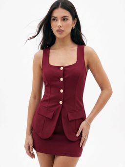 Outzidr - Burgundy Solid/Plain Square Neck Co-Ord Sets