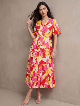 Outzidr - Multi-Color Printed V-Neck Dress