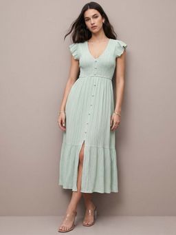Outzidr - Green Solid/Plain V-Neck Dress