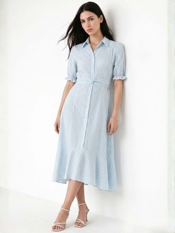 Outzidr - Blue Stripes Collar Neck Dress With Belt