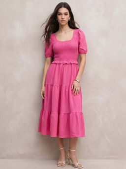 Outzidr - Pink Solid/Plain Scoop Neck Dress